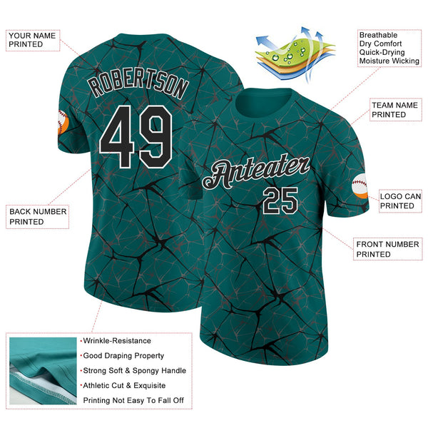 Custom Teal Black Gray-White Abstract Network Crackle Performance T-Shirt alternate