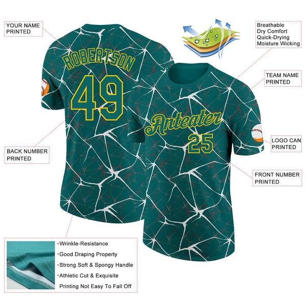 Custom Teal White Gray-Yellow Abstract Network Crackle Performance T-Shirt alternate
