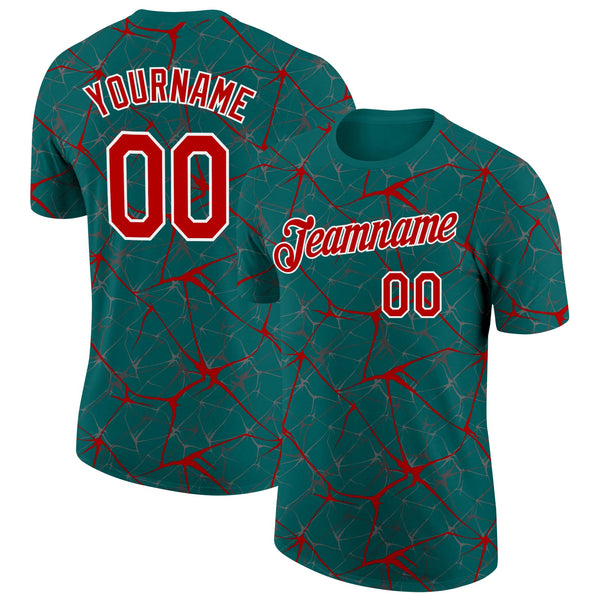 Custom Teal Red Gray-White Abstract Network Crackle Performance T-Shirt