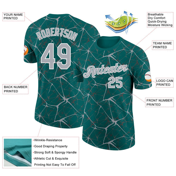 Custom Teal Gray-White Abstract Network Crackle Performance T-Shirt alternate