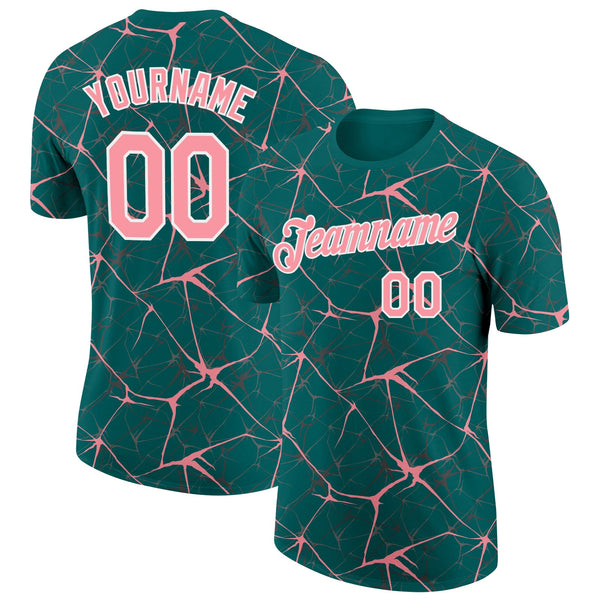 Custom Teal Medium Pink Gray-White Abstract Network Crackle Performance T-Shirt