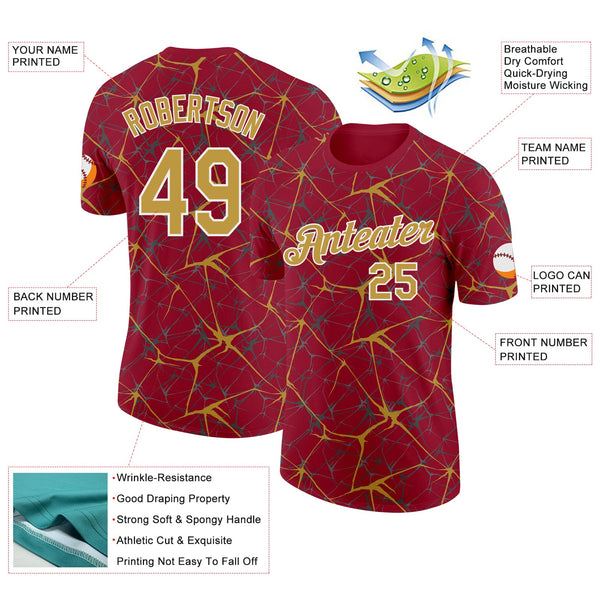Custom Crimson Old Gold Gray-White Abstract Network Crackle Performance T-Shirt alternate