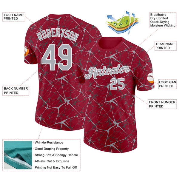 Custom Crimson Gray-White Abstract Network Crackle Performance T-Shirt alternate