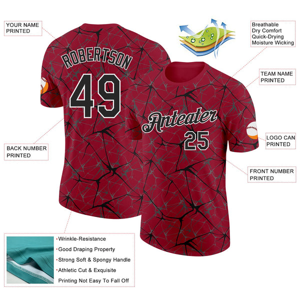 Custom Crimson Black Gray-White Abstract Network Crackle Performance T-Shirt alternate