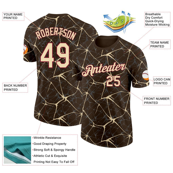 Custom Brown Cream Gray-Crimson Abstract Network Crackle Performance T-Shirt alternate