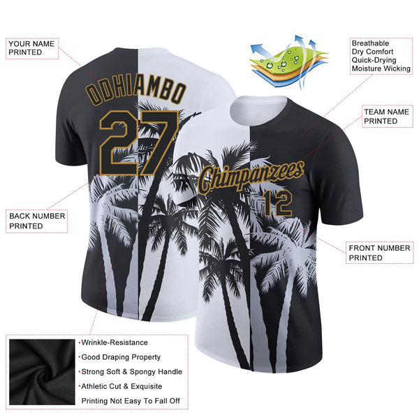 Custom White Black-Old Gold 3D Pattern Design Hawaii Coconut Trees Performance T-Shirt alternate