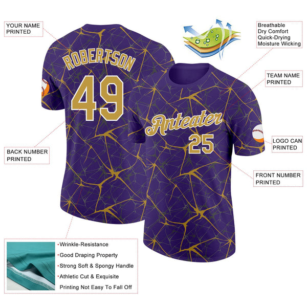 Custom Purple Old Gold Gray-White Abstract Network Crackle Performance T-Shirt alternate