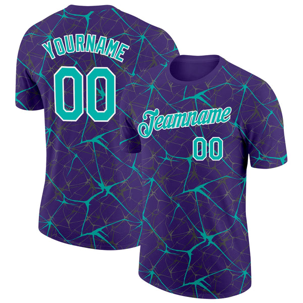 Custom Purple Aqua Gray-White Abstract Network Crackle Performance T-Shirt