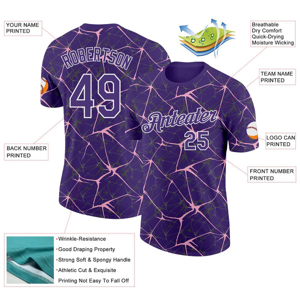 Custom Purple Light Pink Gray-White Abstract Network Crackle Performance T-Shirt alternate