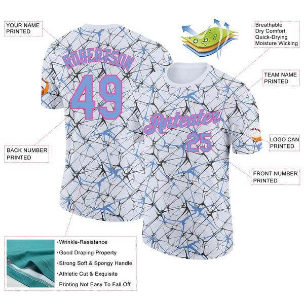 Custom White Powder Blue Gray-Pink Abstract Network Crackle Performance T-Shirt alternate