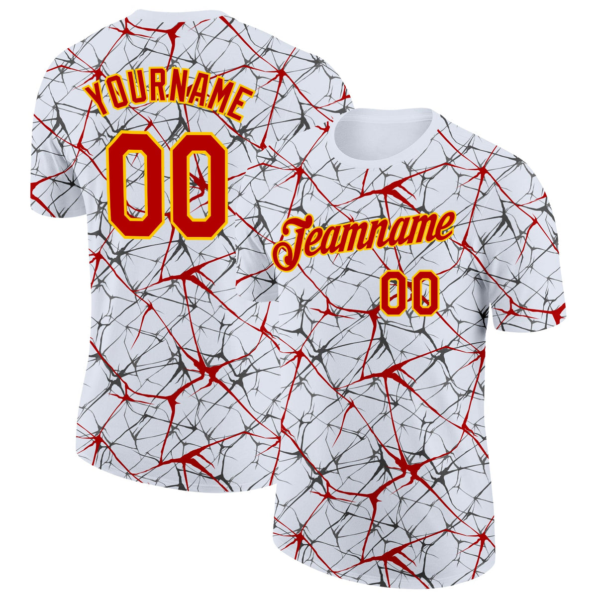 Custom White Red Gray-Yellow Abstract Network Crackle Performance T-Shirt