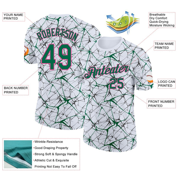 Custom White Kelly Green Gray-Pink Abstract Network Crackle Performance T-Shirt alternate