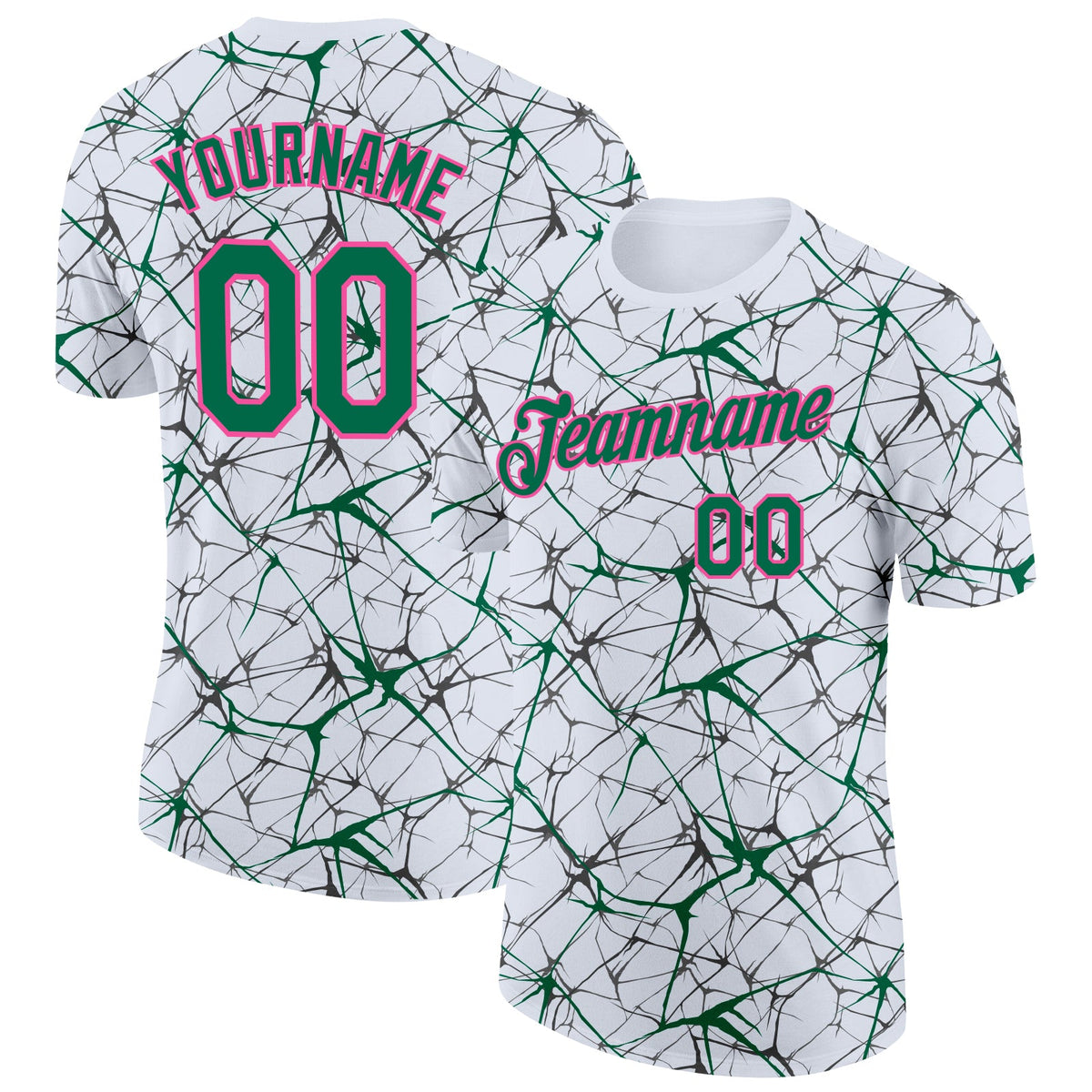 Custom White Kelly Green Gray-Pink Abstract Network Crackle Performance T-Shirt