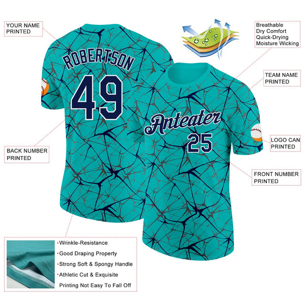 Custom Aqua Navy Gray-White Abstract Network Crackle Performance T-Shirt alternate