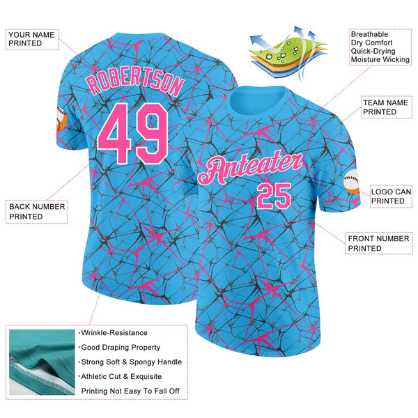 Custom Sky Blue Pink Gray-White Abstract Network Crackle Performance T-Shirt alternate