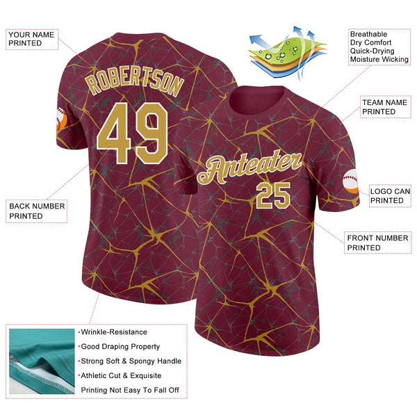 Custom Burgundy Old Gold Gray-White Abstract Network Crackle Performance T-Shirt alternate