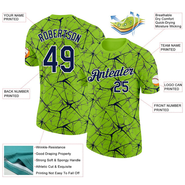 Custom Neon Green Navy Gray-White Abstract Network Crackle Performance T-Shirt alternate