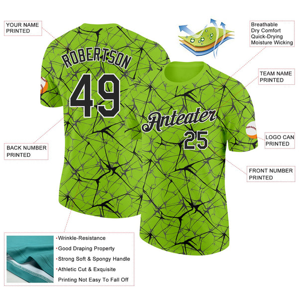 Custom Neon Green Black Gray-White Abstract Network Crackle Performance T-Shirt alternate