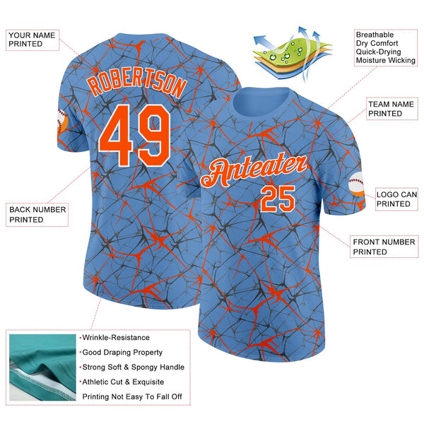 Custom Light Blue Orange Gray-White Abstract Network Crackle Performance T-Shirt alternate