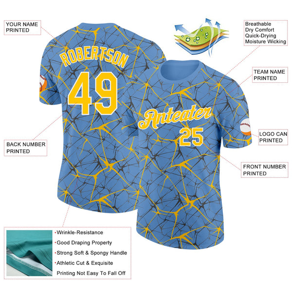 Custom Light Blue Yellow Gray-White Abstract Network Crackle Performance T-Shirt alternate