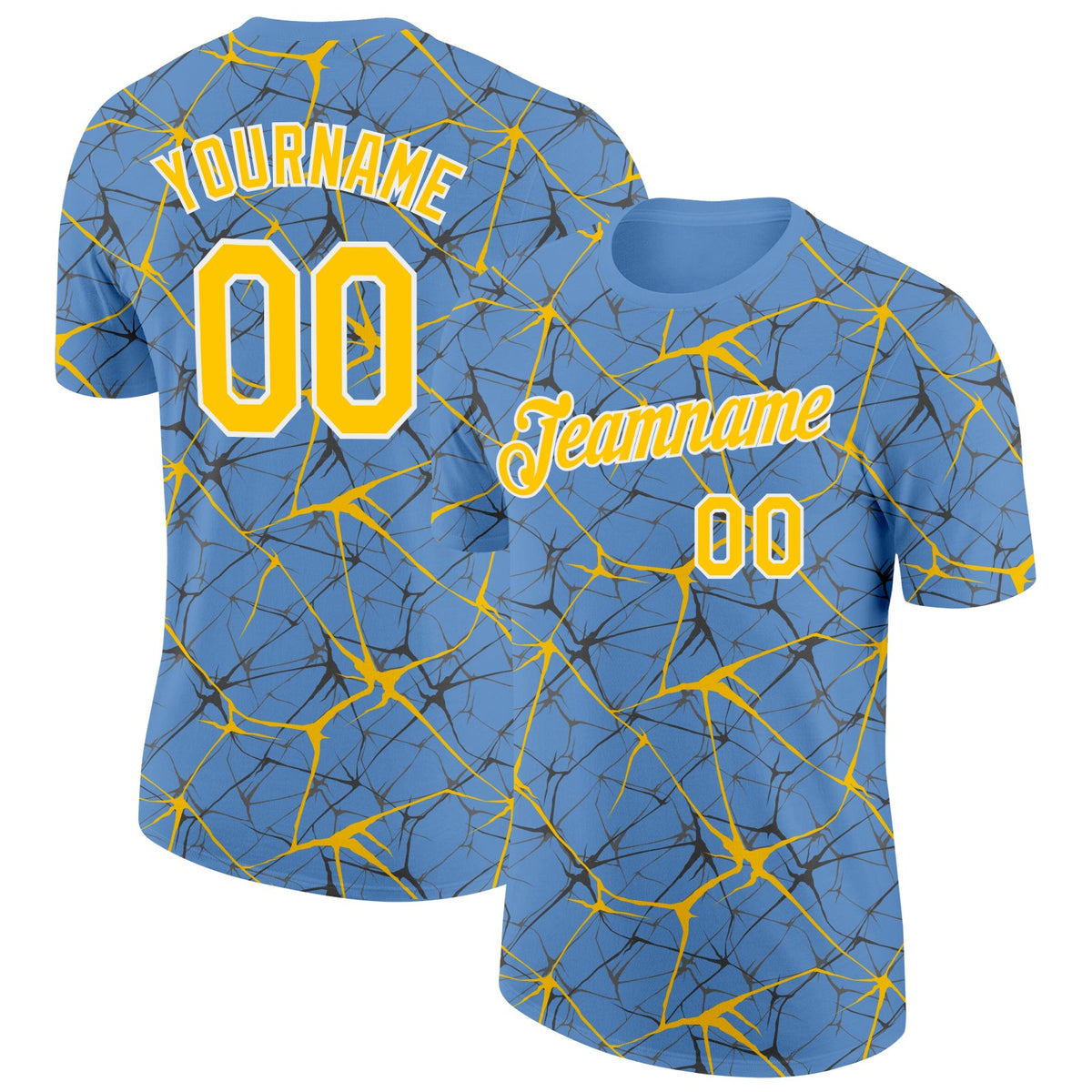 Custom Light Blue Yellow Gray-White Abstract Network Crackle Performance T-Shirt