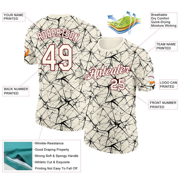 Custom Cream Black Gray-Crimson Abstract Network Crackle Performance T-Shirt alternate