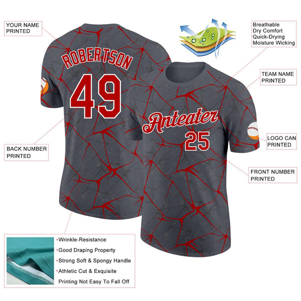 Custom Steel Gray Red-White Abstract Network Crackle Performance T-Shirt alt