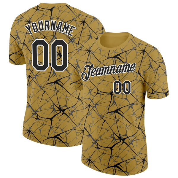 Custom Old Gold Black Gray-White Abstract Network Crackle Performance T-Shirt