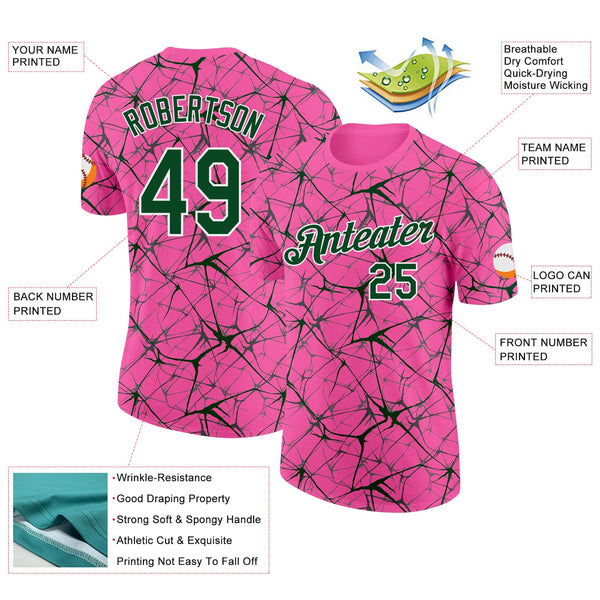 Custom Pink Green Gray-White Abstract Network Crackle Performance T-Shirt alternate