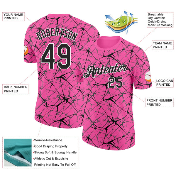 Custom Pink Black Gray-White Abstract Network Crackle Performance T-Shirt alternate