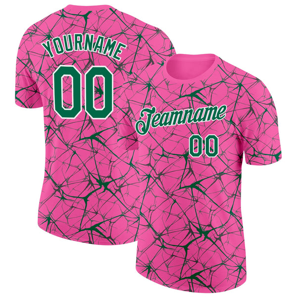 Custom Pink Kelly Green Gray-White Abstract Network Crackle Performance T-Shirt