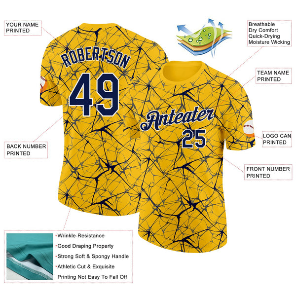 Custom Yellow Navy Gray-White Abstract Network Crackle Performance T-Shirt alternate