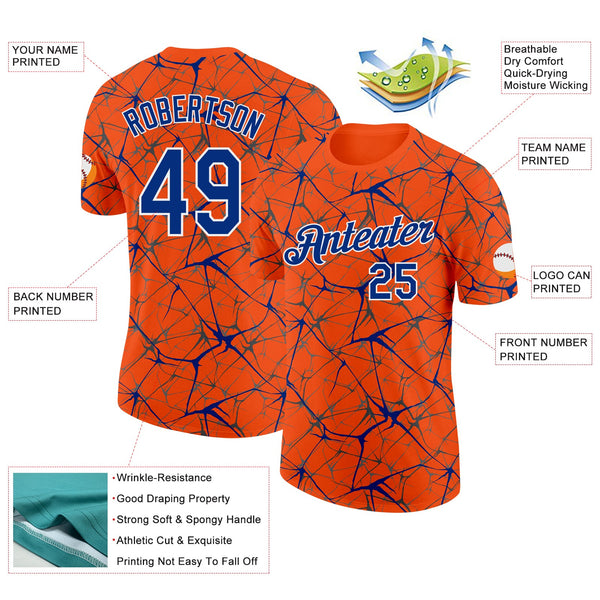 Custom Orange Royal Gray-White Abstract Network Crackle Performance T-Shirt alternate
