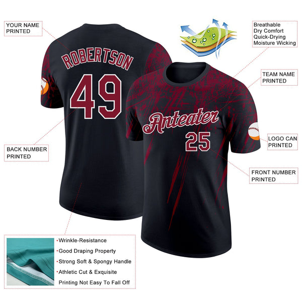 Custom Black Crimson-White Distressed Scratch Brush Stroke Performance T-Shirt alternate