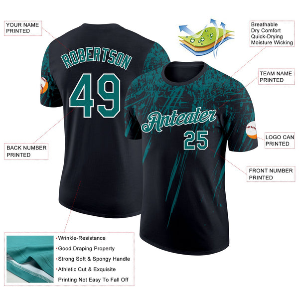 Custom Black Teal-White Distressed Scratch Brush Stroke Performance T-Shirt alternate