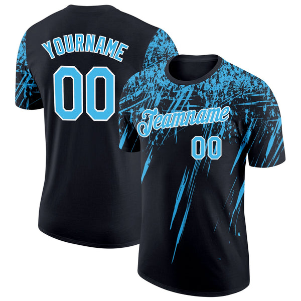 Custom Black Sky Blue-White Distressed Scratch Brush Stroke Performance T-Shirt