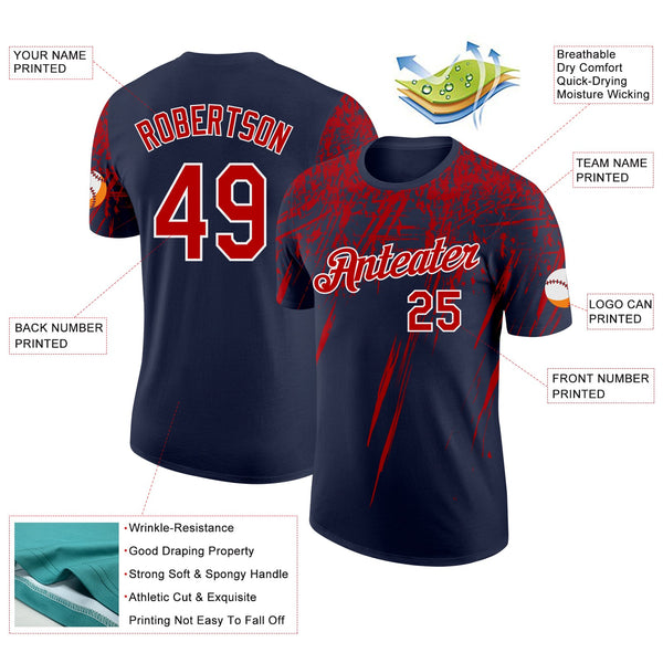 Custom Navy Red-White Distressed Scratch Brush Stroke Performance T-Shirt alternate