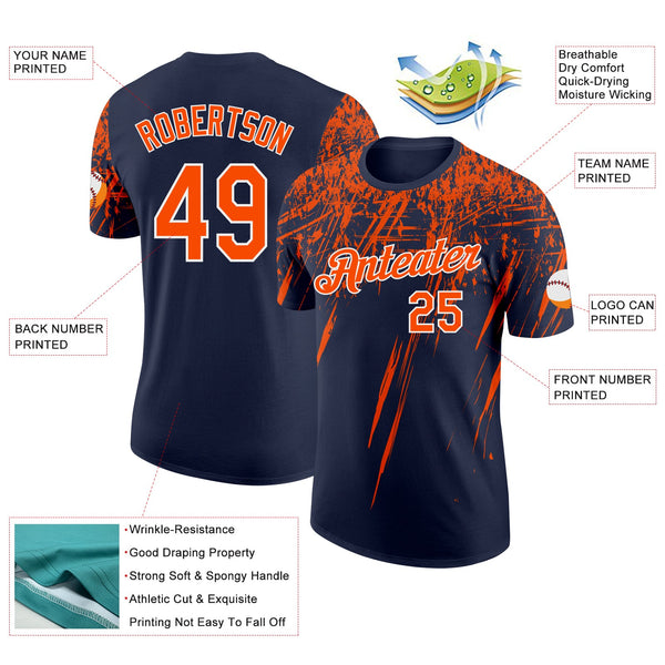 Custom Navy Orange-White Distressed Scratch Brush Stroke Performance T-Shirt alternate