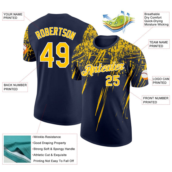 Custom Navy Yellow-White Distressed Scratch Brush Stroke Performance T-Shirt alternate