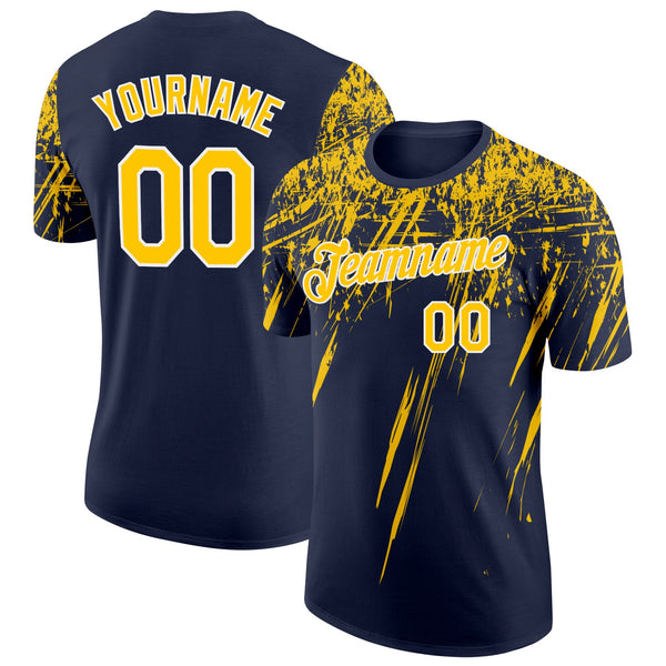 Custom Navy Yellow-White Distressed Scratch Brush Stroke Performance T-Shirt
