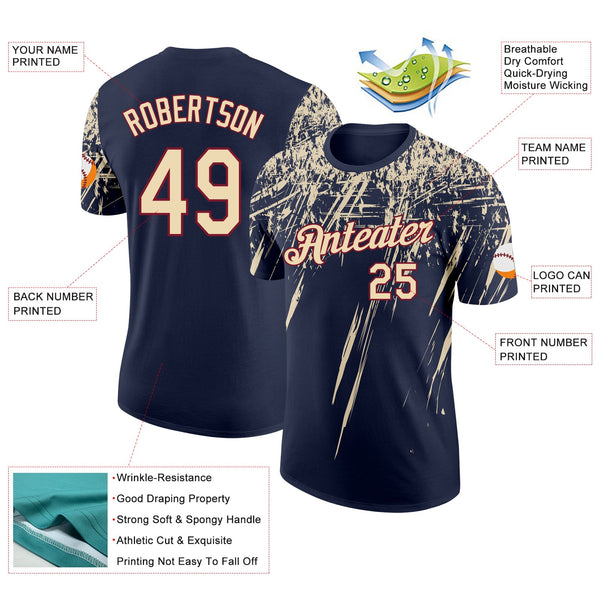 Custom Navy Cream-Crimson Distressed Scratch Brush Stroke Performance T-Shirt alternate