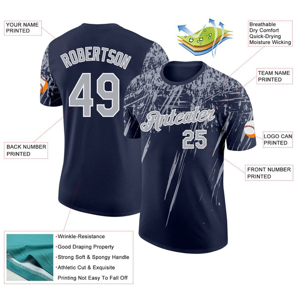 Custom Navy Gray-White Distressed Scratch Brush Stroke Performance T-Shirt alternate