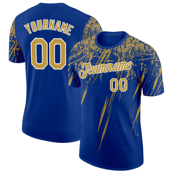Custom Royal Old Gold-White Distressed Scratch Brush Stroke Performance T-Shirt