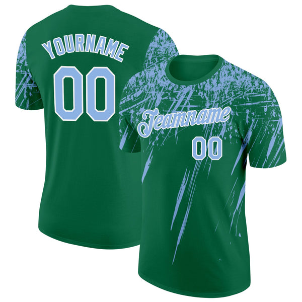 Custom Kelly Green Light Blue-White Distressed Scratch Brush Stroke Performance T-Shirt
