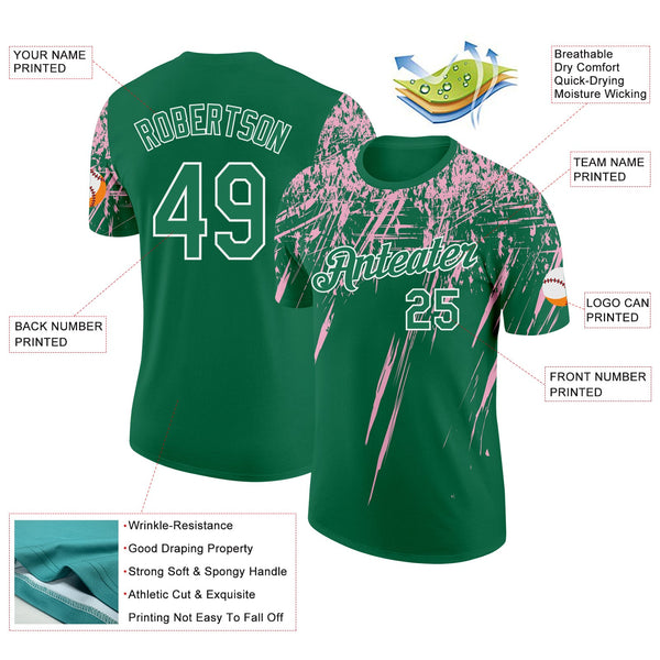 Custom Kelly Green Light Pink-White Distressed Scratch Brush Stroke Performance T-Shirt alternate