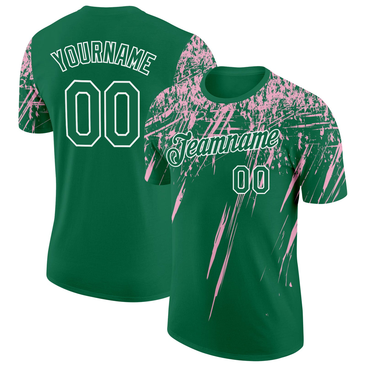 Custom Kelly Green Light Pink-White Distressed Scratch Brush Stroke Performance T-Shirt
