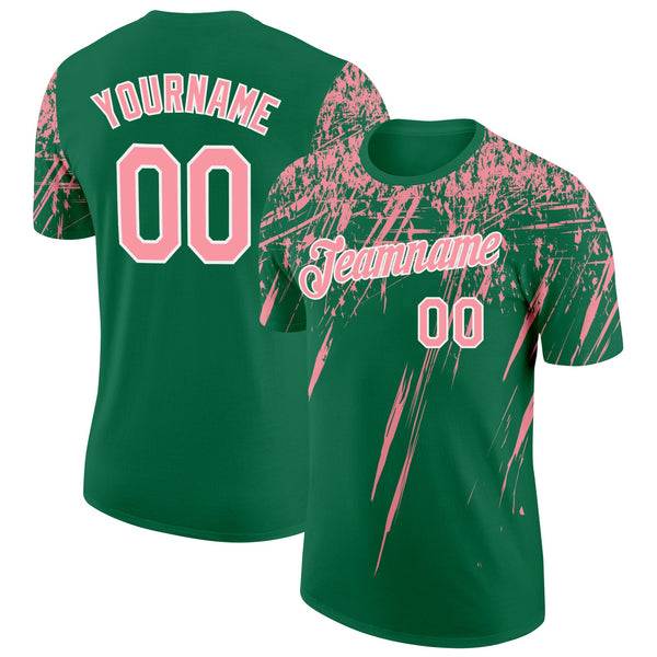 Custom Kelly Green Medium Pink-White Distressed Scratch Brush Stroke Performance T-Shirt