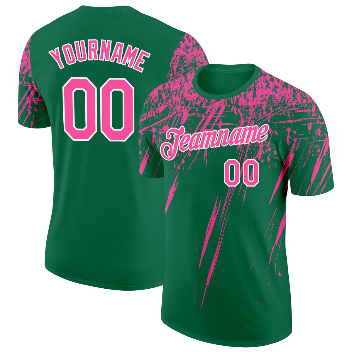 Custom Kelly Green Pink-White Distressed Scratch Brush Stroke Performance T-Shirt