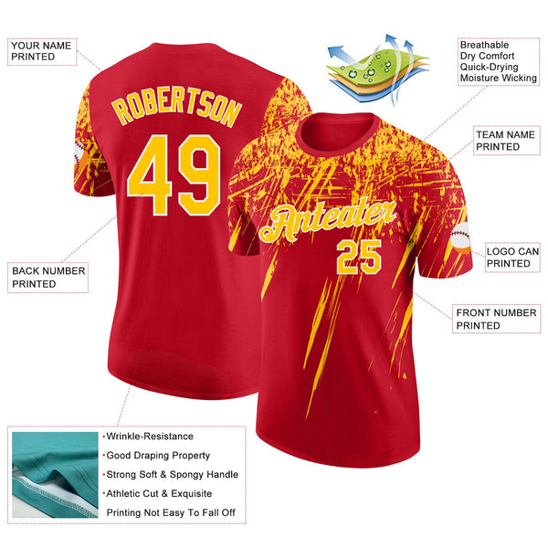 Custom Red Yellow-White Distressed Scratch Brush Stroke Performance T-Shirt alternate