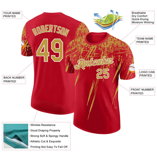 Custom Red Old Gold-White Distressed Scratch Brush Stroke Performance T-Shirt alternate